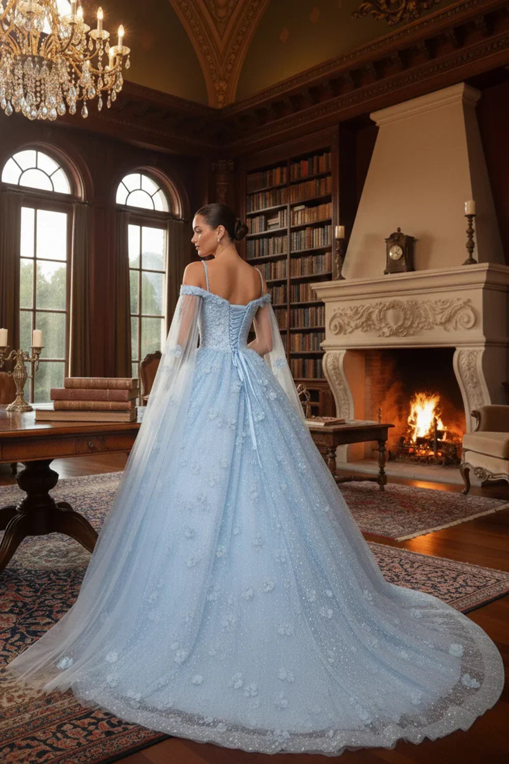 Paloma Sheer Cape Ball Gown Off-the-shoulder Quinceañera Dress With 3D Floral