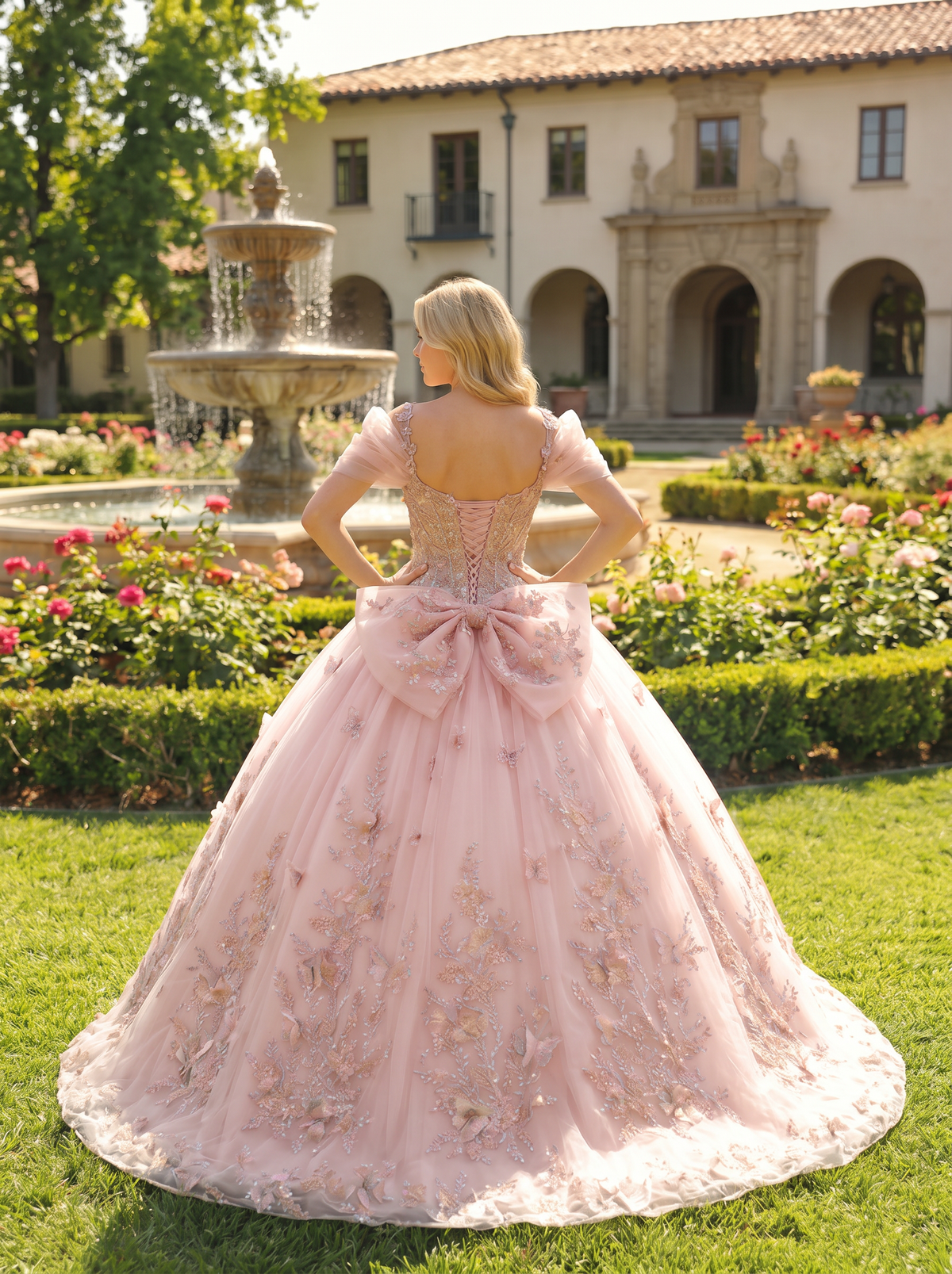 Renata Elegant Ball Gown Cold Shoulder Quinceañera Dress With Floral Embroidery and 3D Butterfly