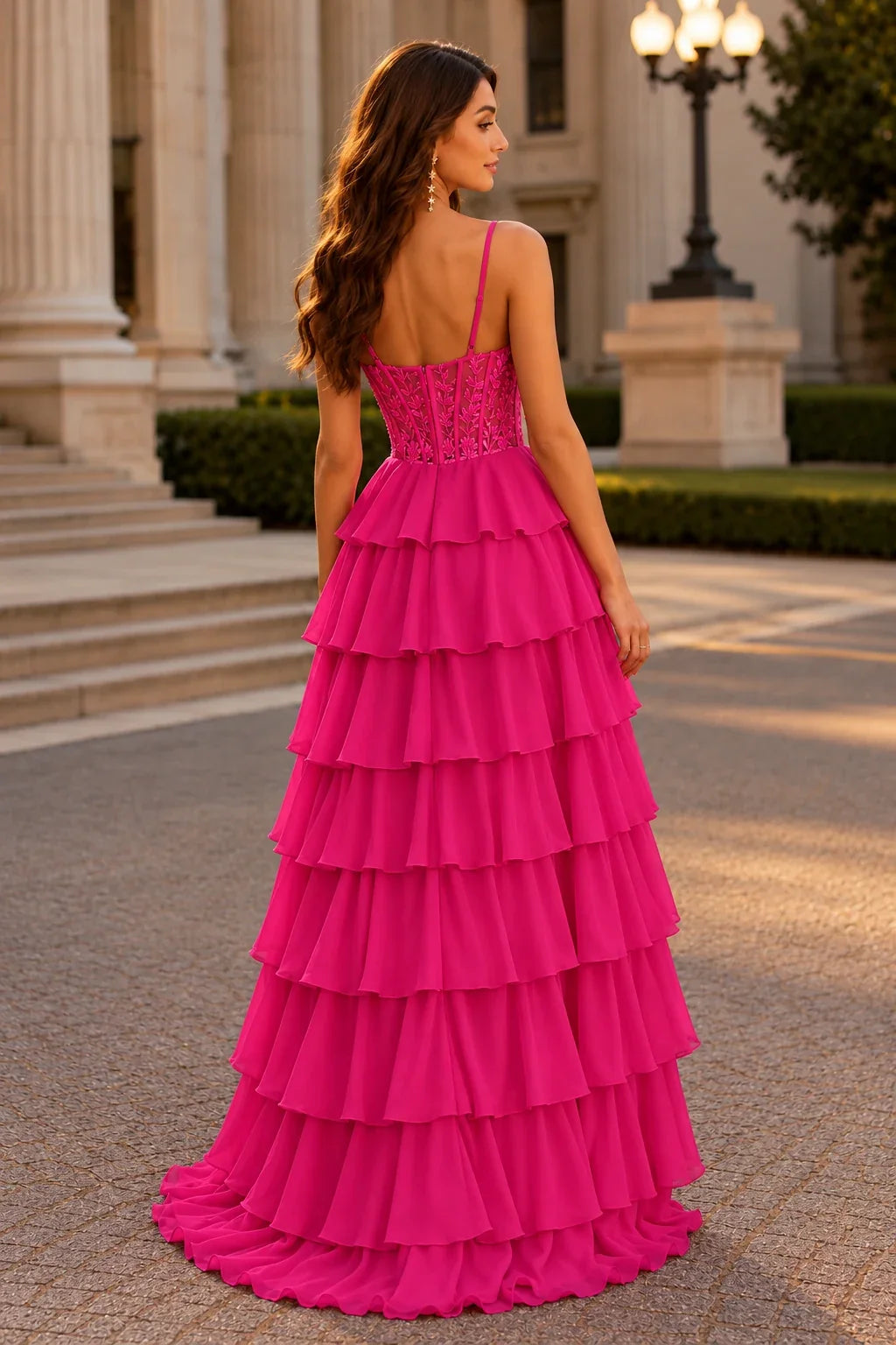Orlena Beaded Corset Tiered Ruffle Prom Dress with Slit