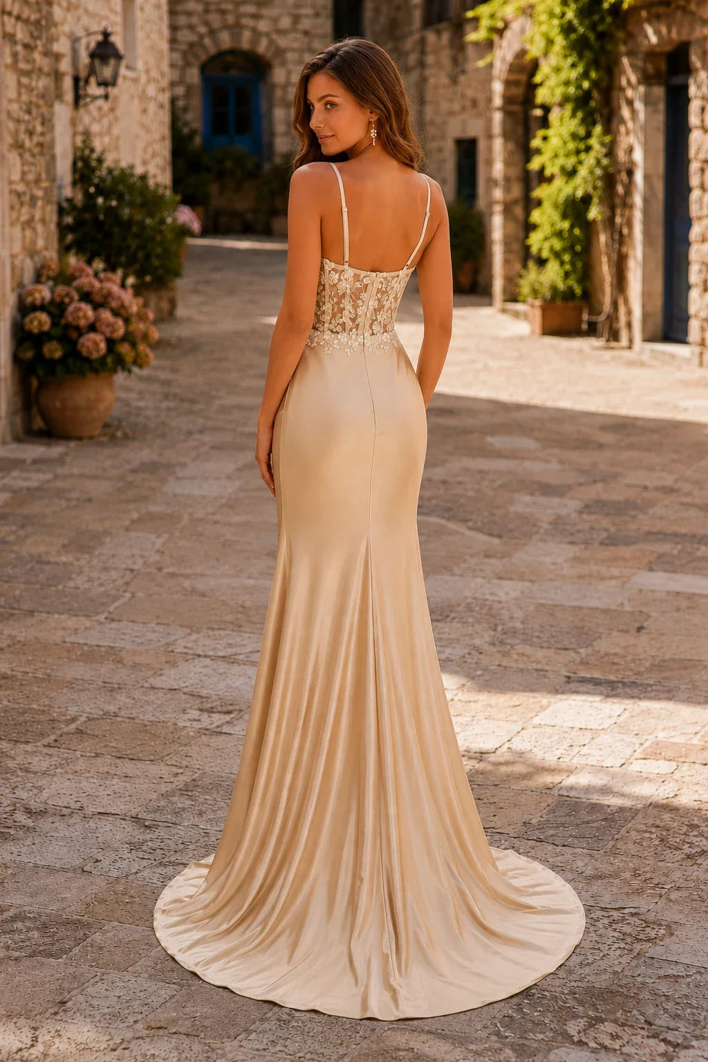 Helmara Light Spaghetti-Strap Embellished-Bodice Gown with Slit Prom Dress