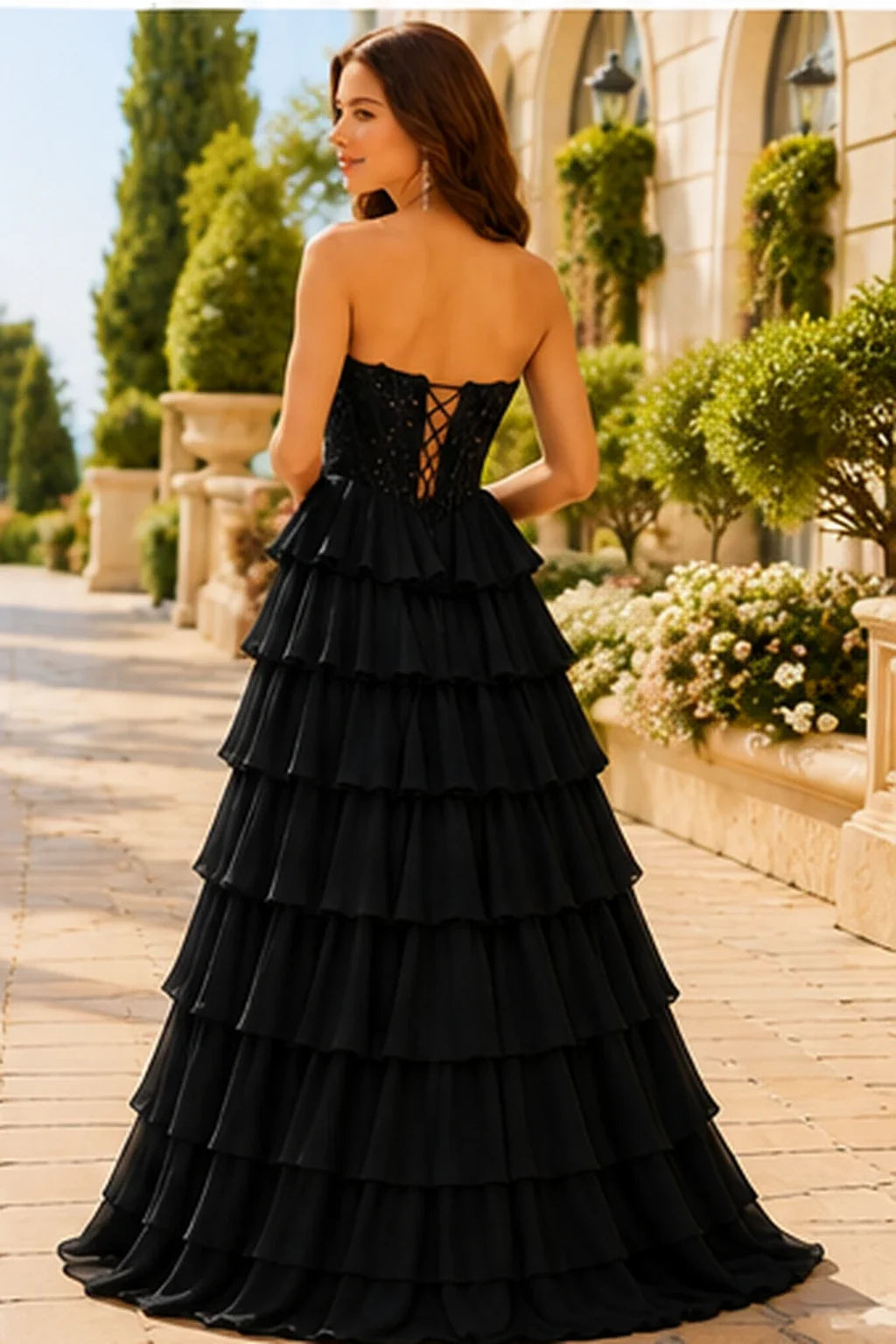 Galisse Strapless Tiered Ruffle Ball Gown Prom Dress