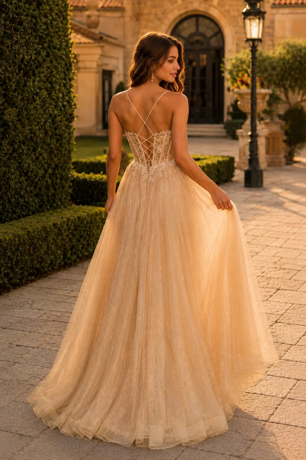 Varella Beaded Corset Tulle A-Line Prom Dress with Slit