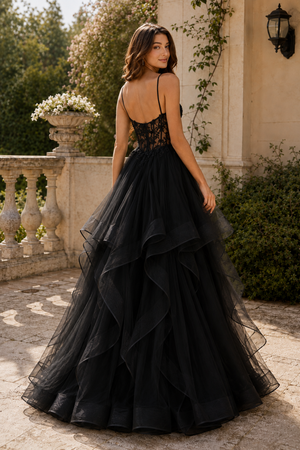 Celine Ball Gown V Neck Sweep Train Tulle Prom Dress