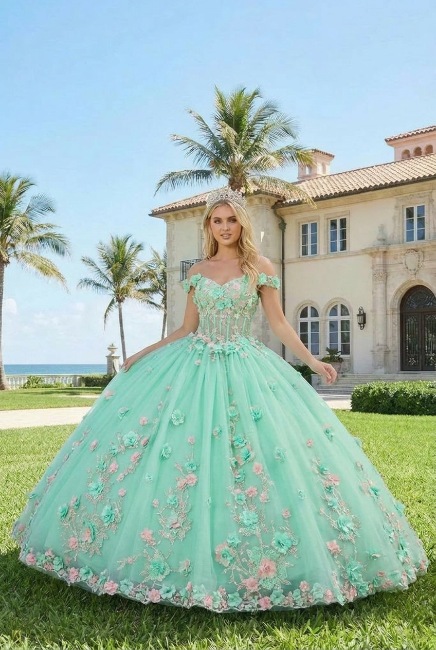 Diamantina Charming Ball Gown Illusion Neck Quinceañera Dress With 3D Floral & Lace