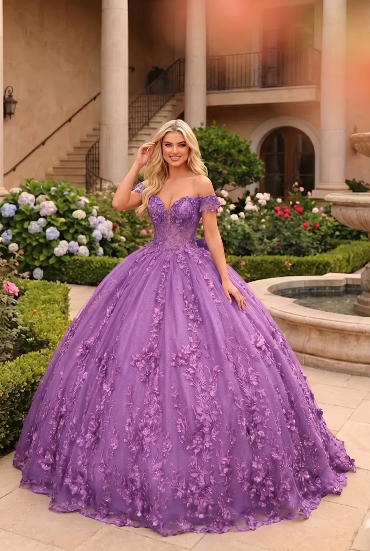 Gardenia Charming Ball Gown Cold Shoulder Quinceañera Dress With Floral Lace and Bow