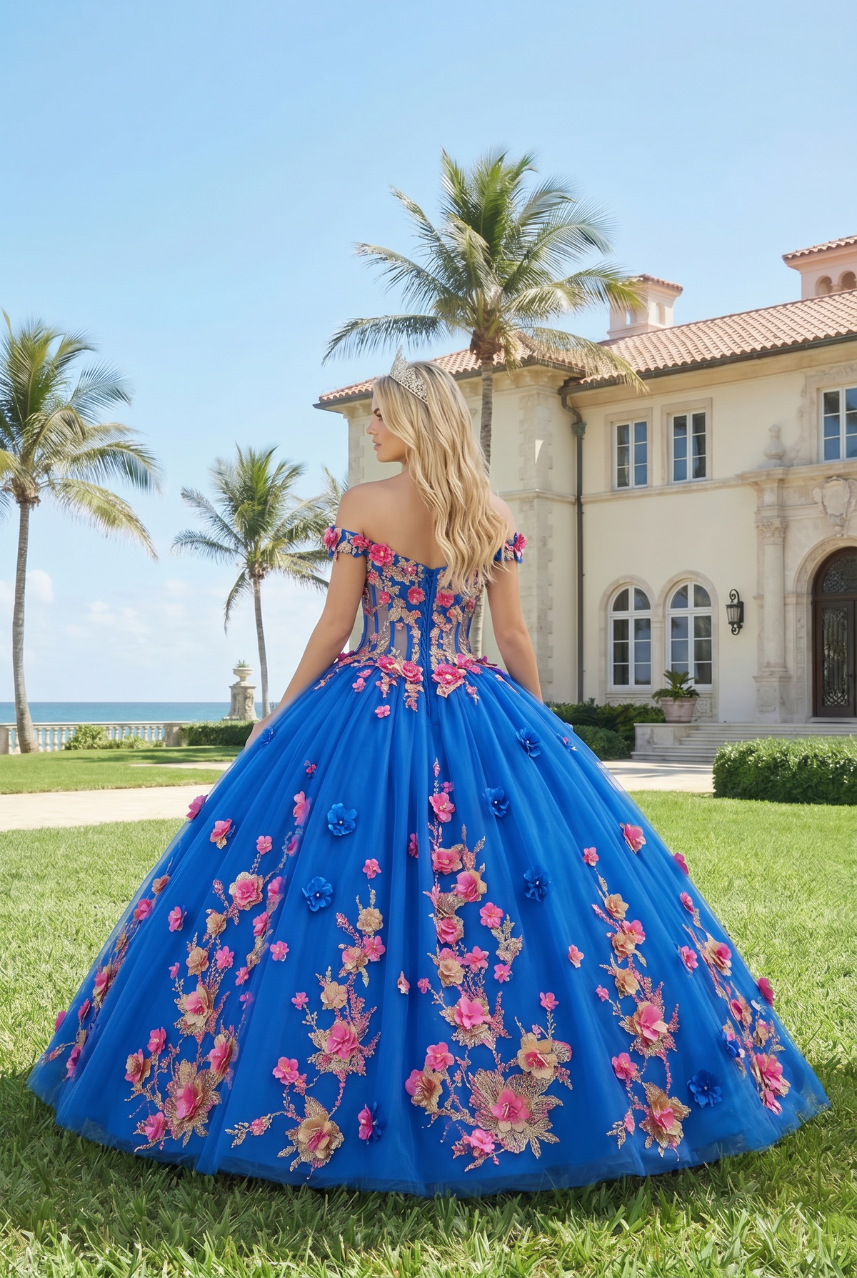 Diamantina Charming Ball Gown Illusion Neck Quinceañera Dress With 3D Floral & Lace