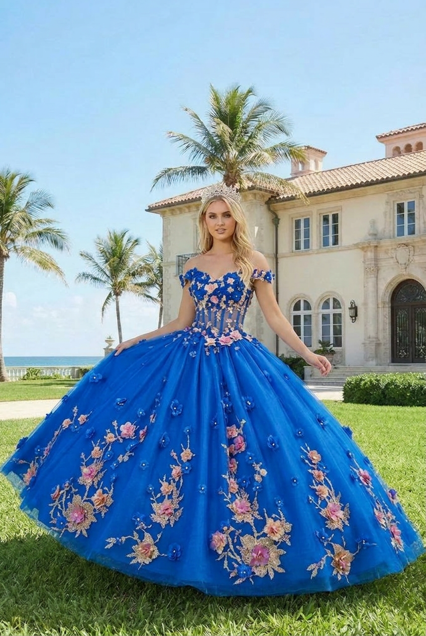 Diamantina Charming Ball Gown Illusion Neck Quinceañera Dress With 3D Floral & Lace