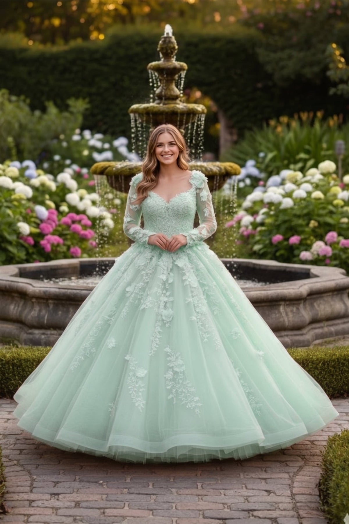 Rosalia Charming Ball Gown Long Sleeve Quinceañera Dress With Floral Lace