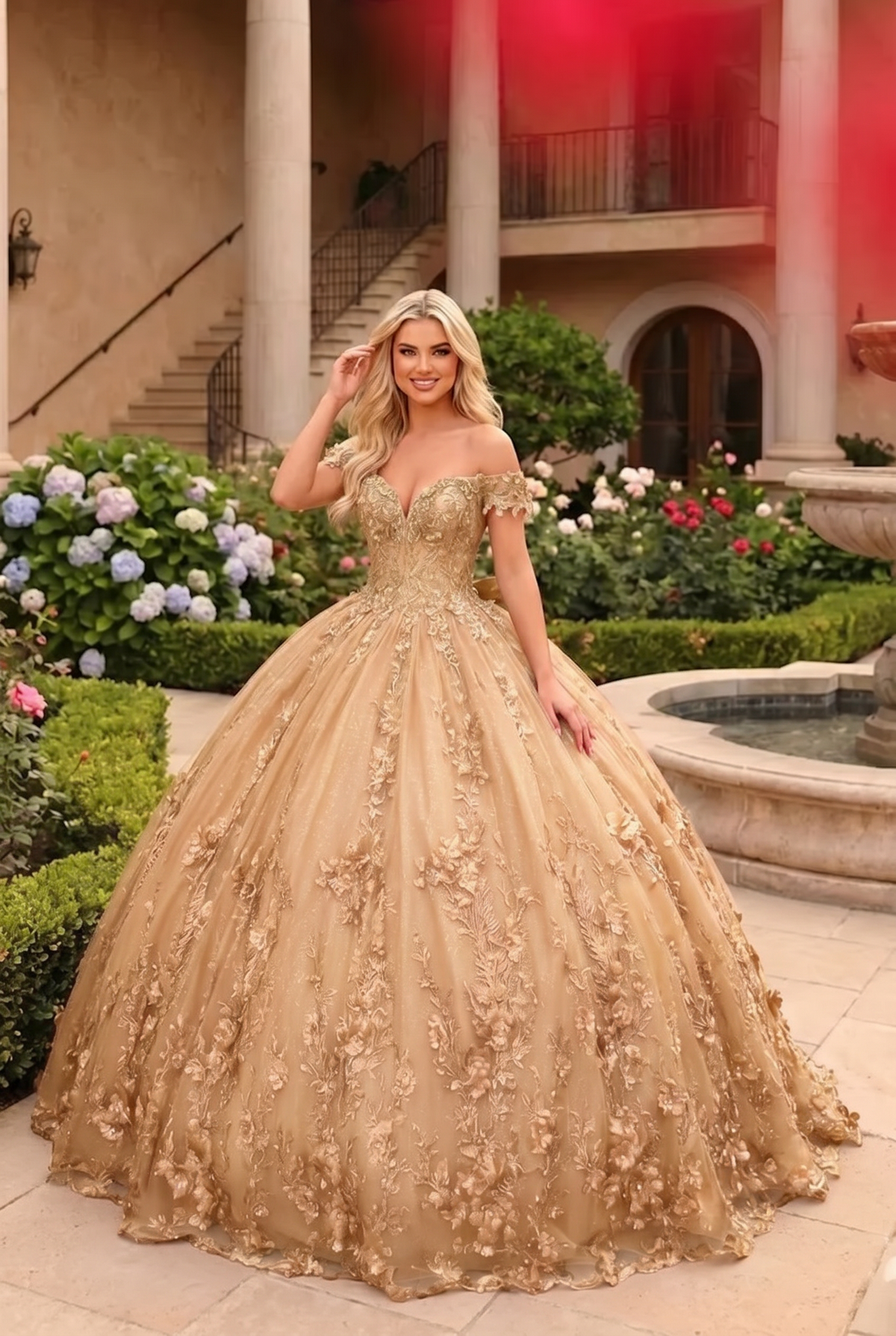 Gardenia Charming Ball Gown Cold Shoulder Quinceañera Dress With Floral Lace and Bow