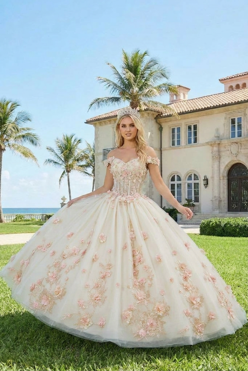 Diamantina Charming Ball Gown Illusion Neck Quinceañera Dress With 3D Floral & Lace
