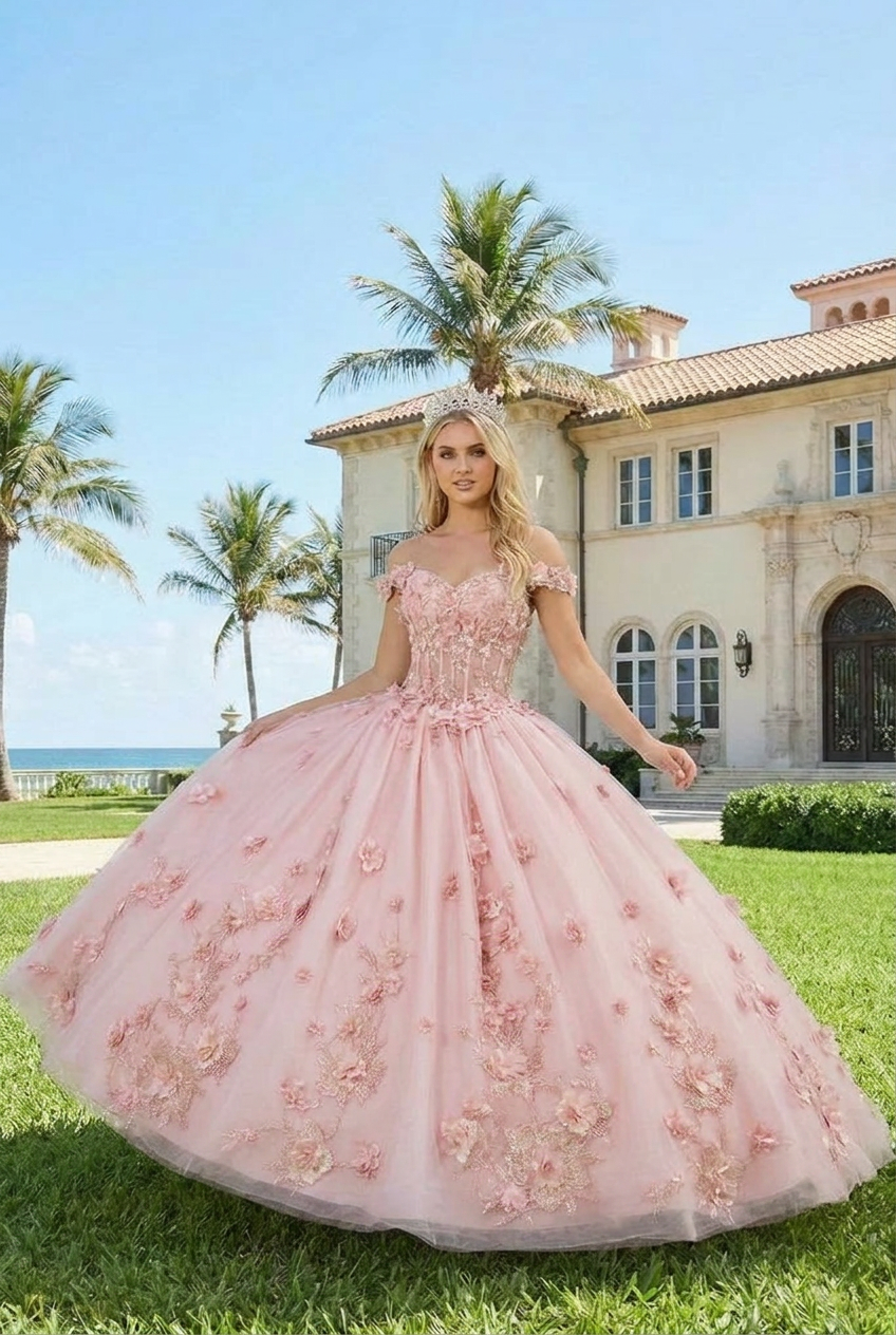 Diamantina Charming Ball Gown Illusion Neck Quinceañera Dress With 3D Floral & Lace