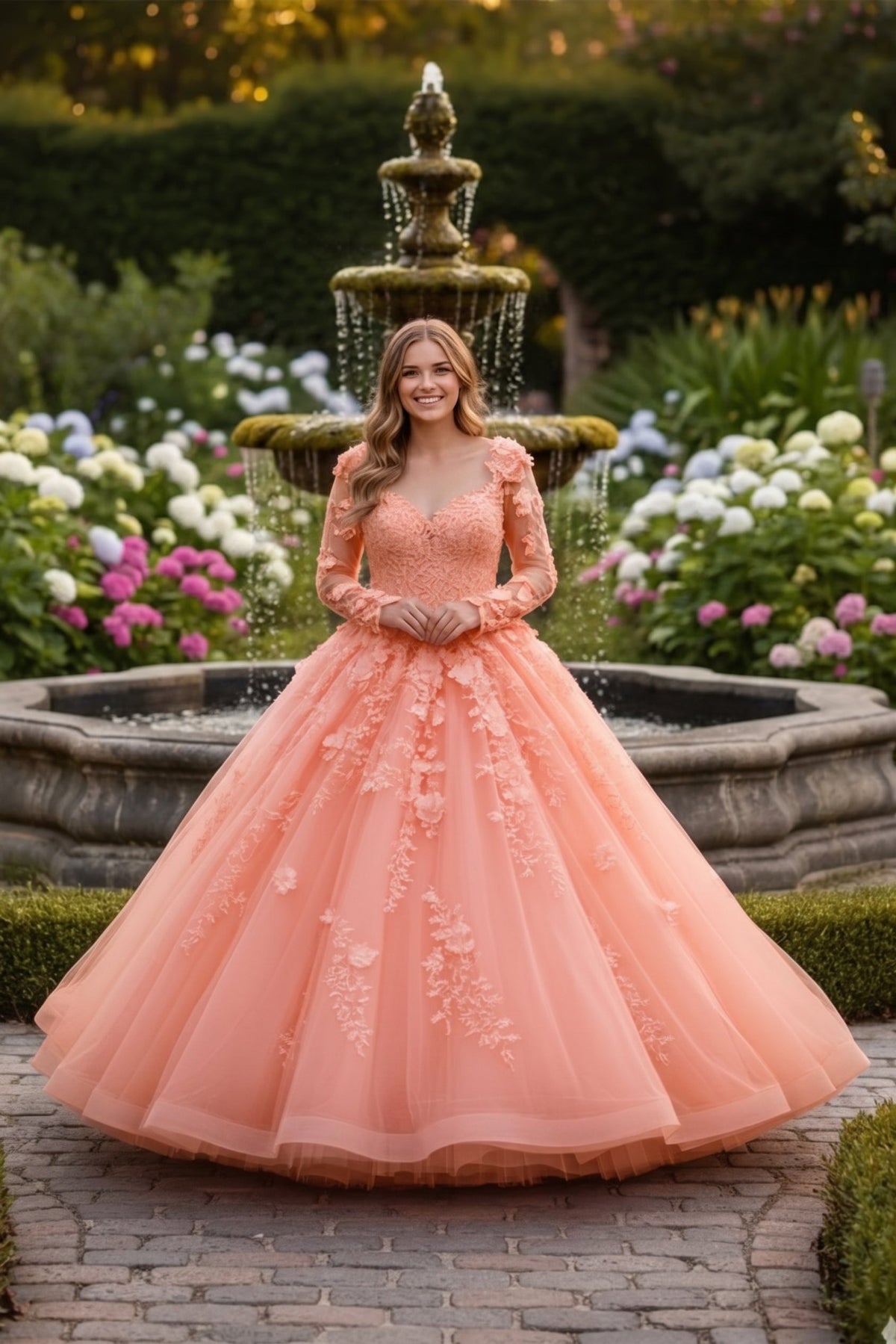 Rosalia Charming Ball Gown Long Sleeve Quinceañera Dress With Floral Lace