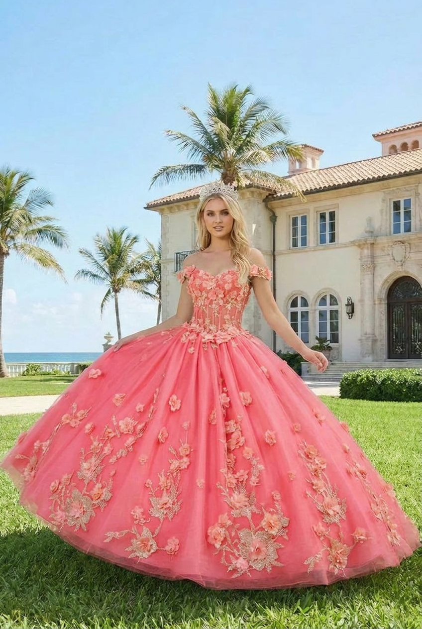 Diamantina Charming Ball Gown Illusion Neck Quinceañera Dress With 3D Floral & Lace