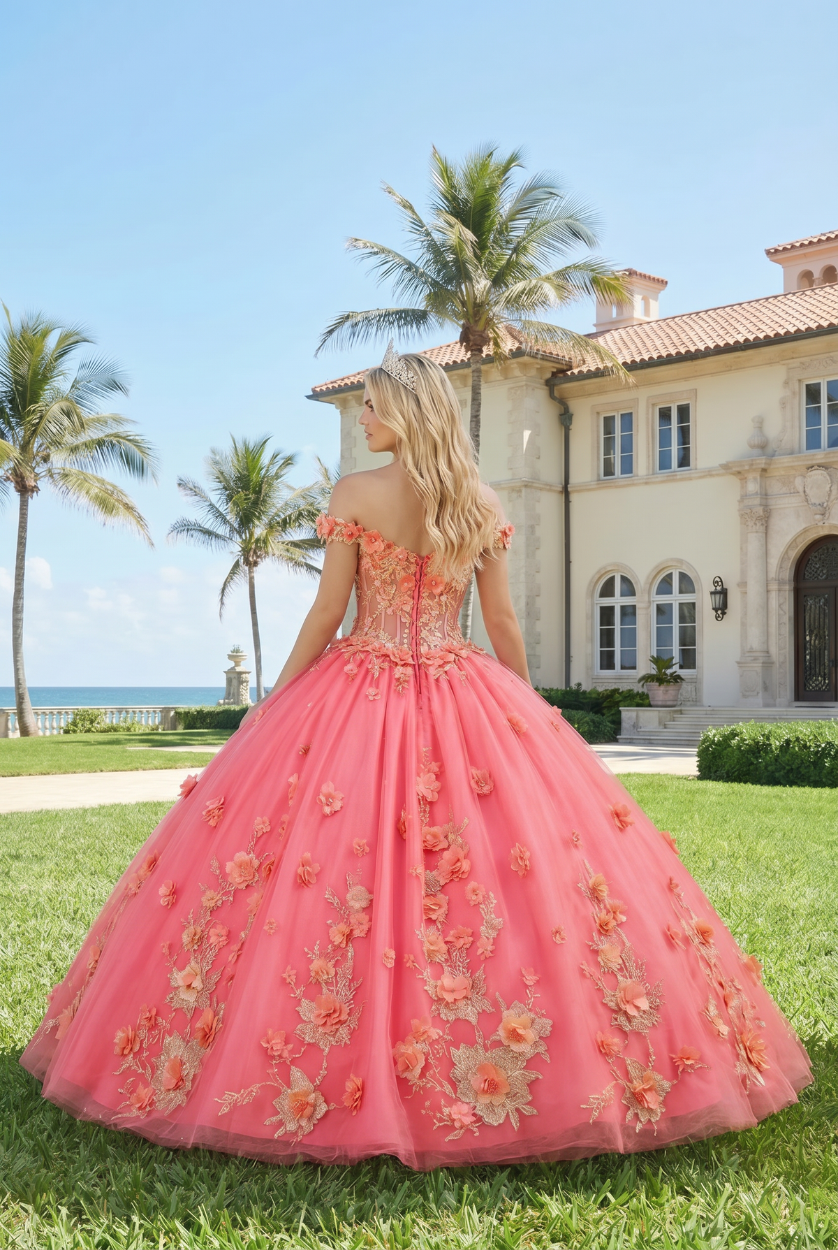 Diamantina Charming Ball Gown Illusion Neck Quinceañera Dress With 3D Floral & Lace