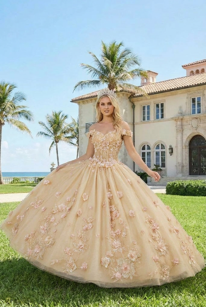 Diamantina Charming Ball Gown Illusion Neck Quinceañera Dress With 3D Floral & Lace