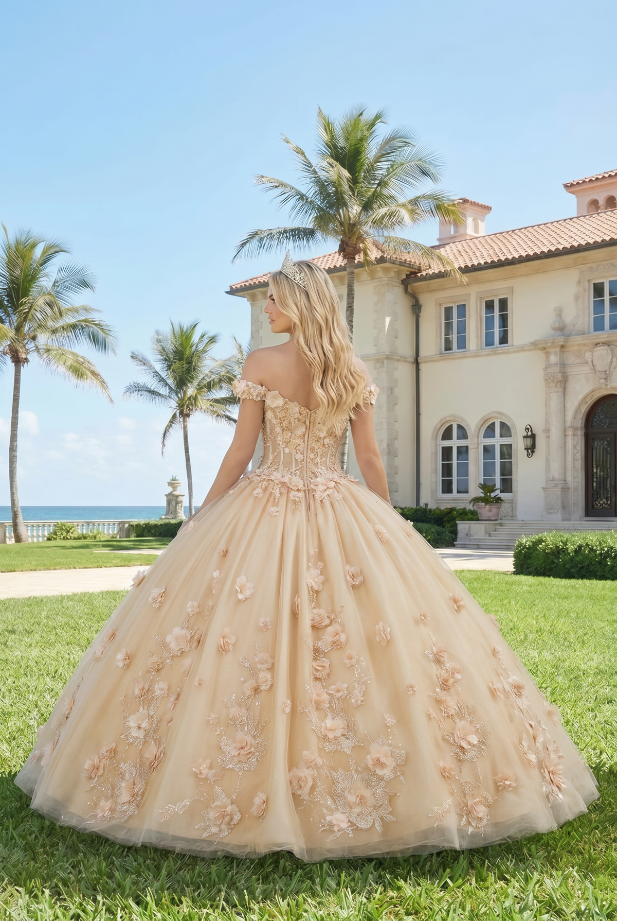 Diamantina Charming Ball Gown Illusion Neck Quinceañera Dress With 3D Floral & Lace