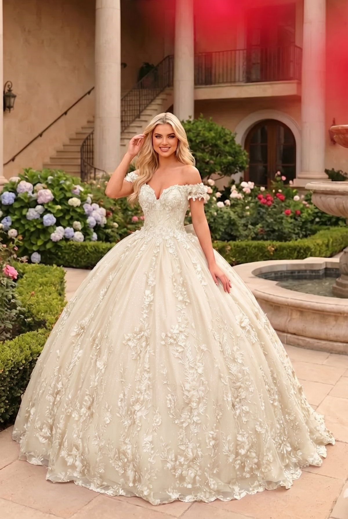 Gardenia Charming Ball Gown Cold Shoulder Quinceañera Dress With Floral Lace and Bow