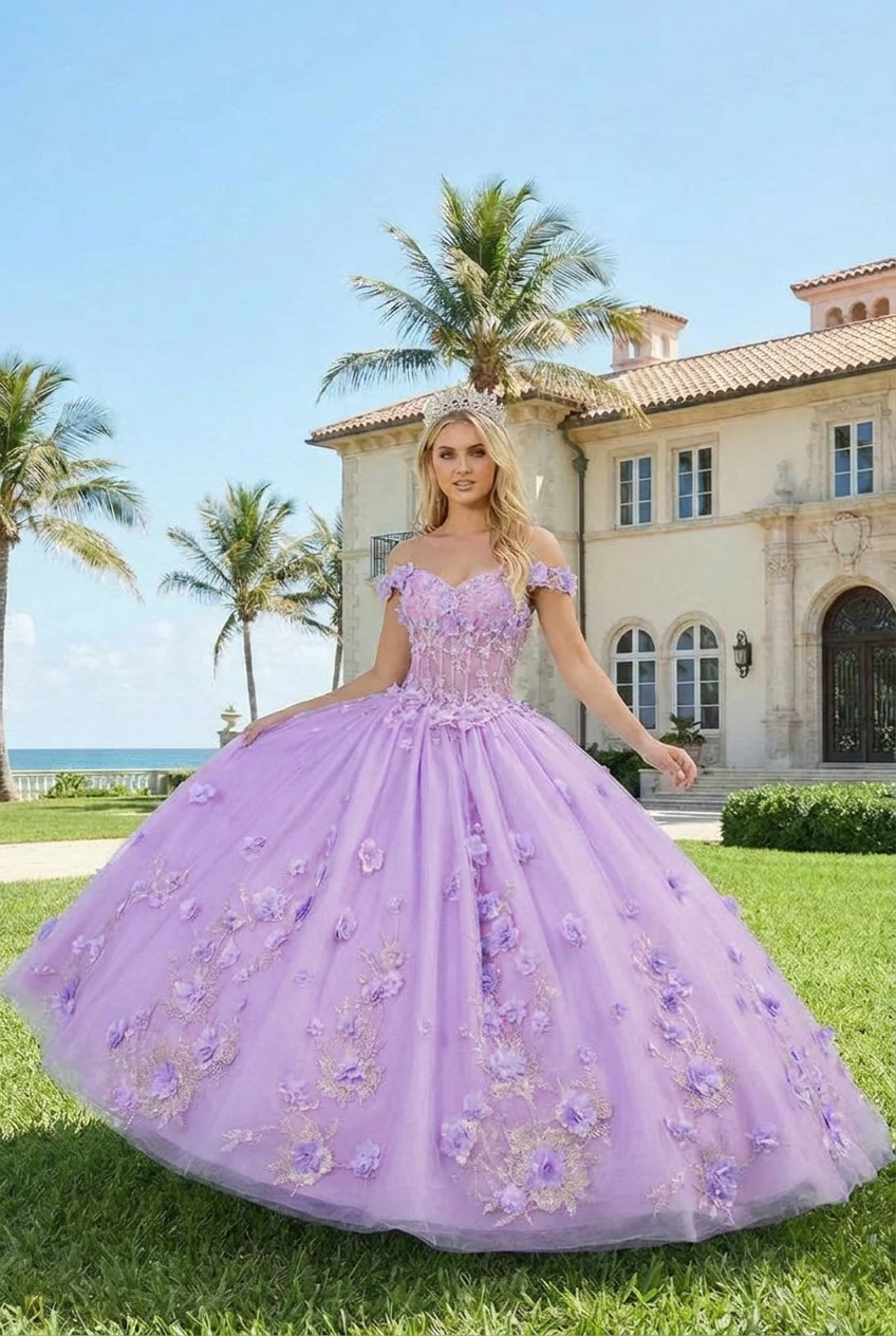 Diamantina Charming Ball Gown Illusion Neck Quinceañera Dress With 3D Floral & Lace