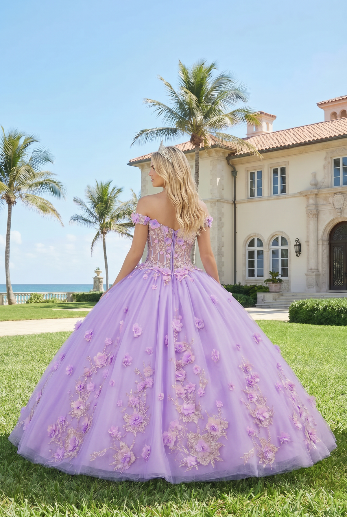 Diamantina Charming Ball Gown Illusion Neck Quinceañera Dress With 3D Floral & Lace