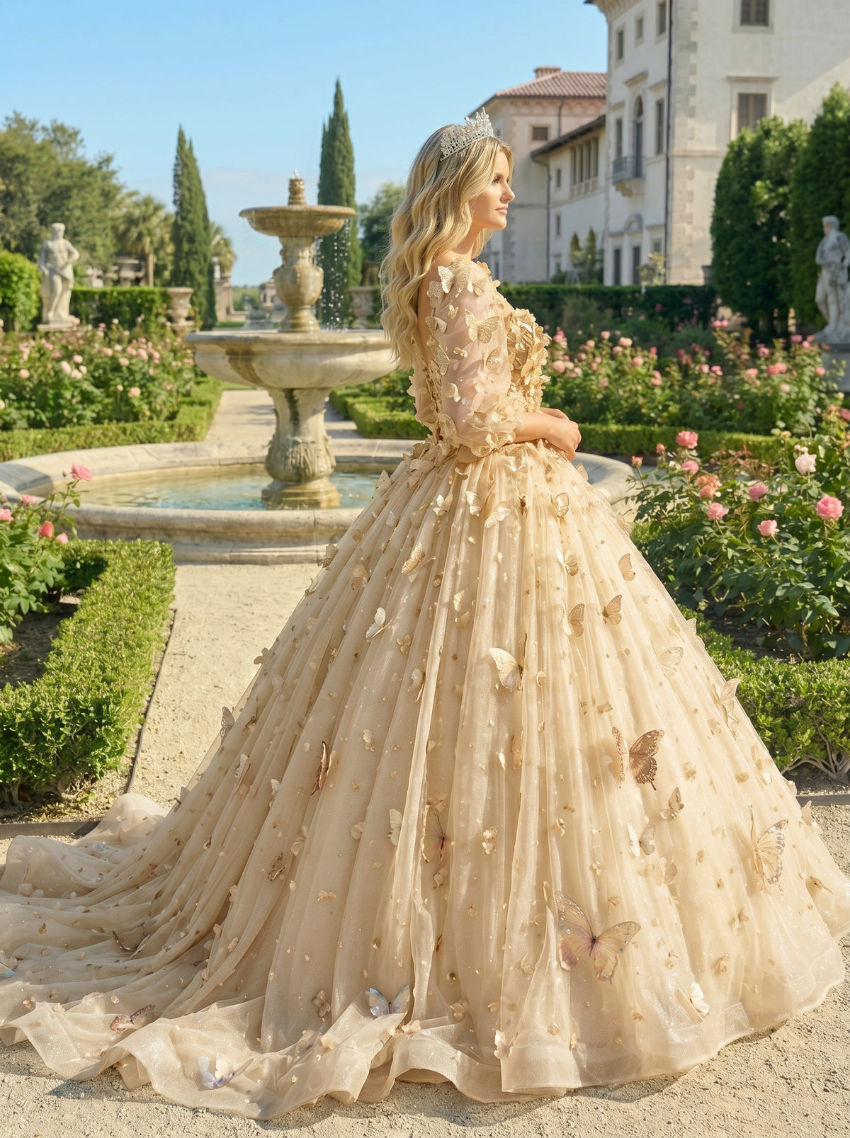 Beatriz Charming Ball Gown Illusion Long Sleeves Quinceañera Dress With 3D Butterfly