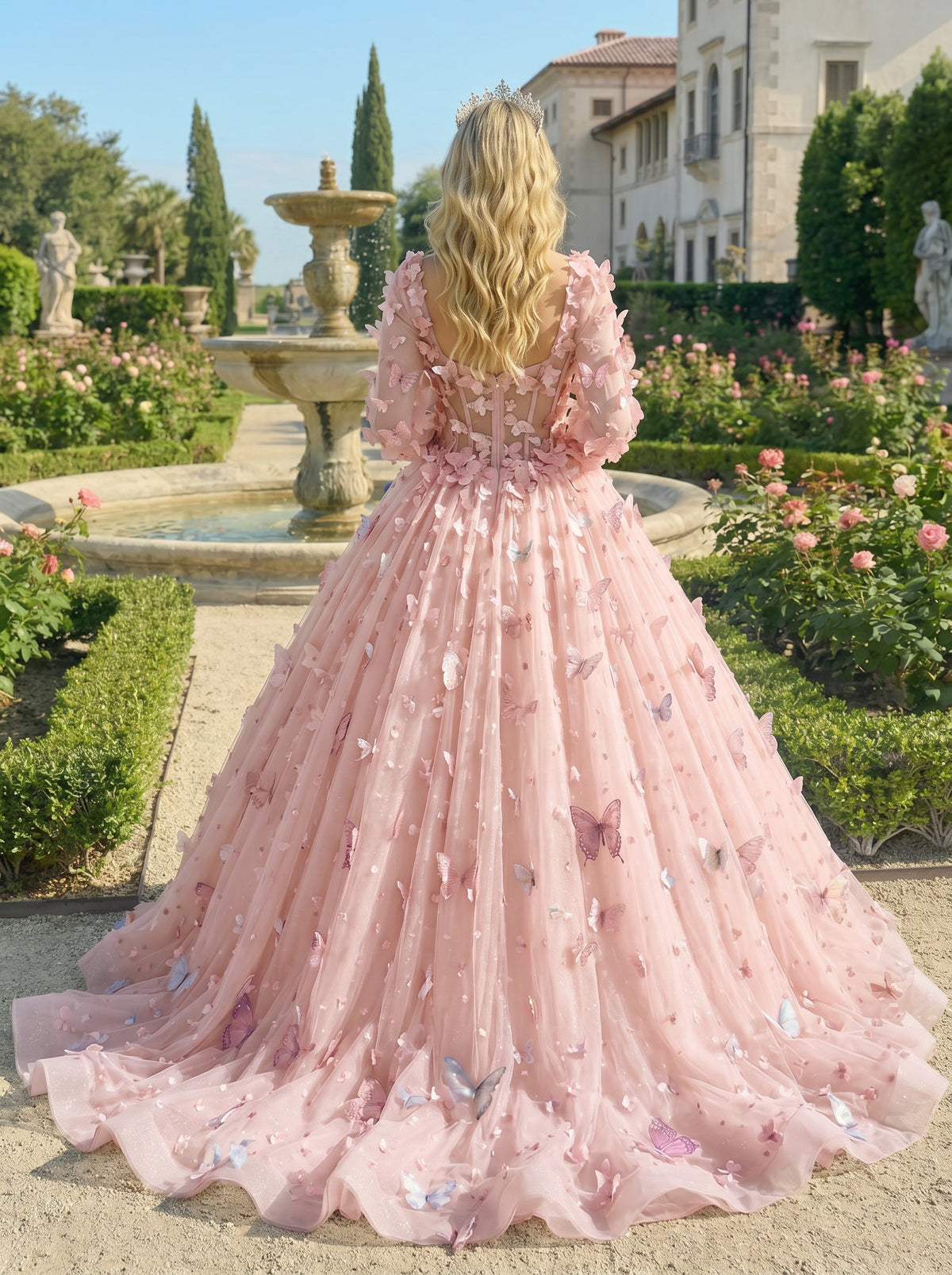 Beatriz Charming Ball Gown Illusion Long Sleeves Quinceañera Dress With 3D Butterfly