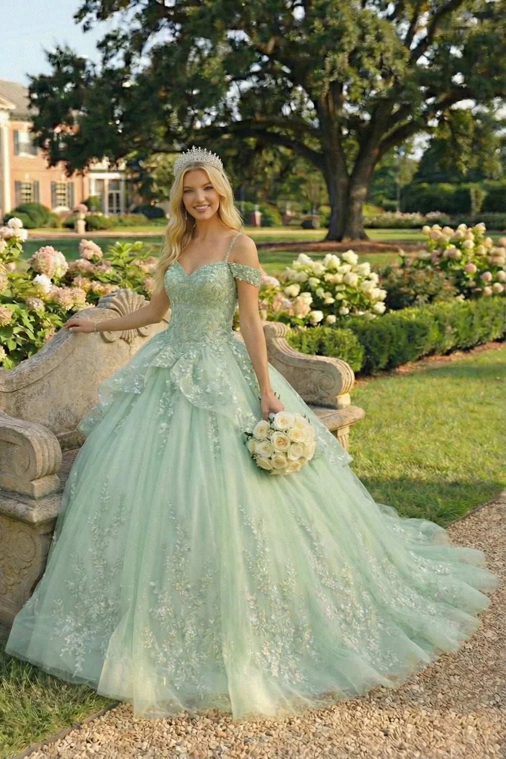 Mariposa Elegant Ball Gown Cold Shoulder Quinceañera Dress With Floral Embroidery
