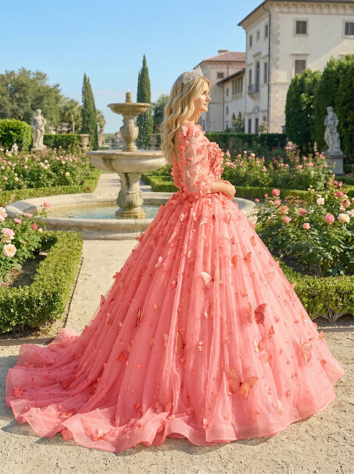 Beatriz Charming Ball Gown Illusion Long Sleeves Quinceañera Dress With 3D Butterfly