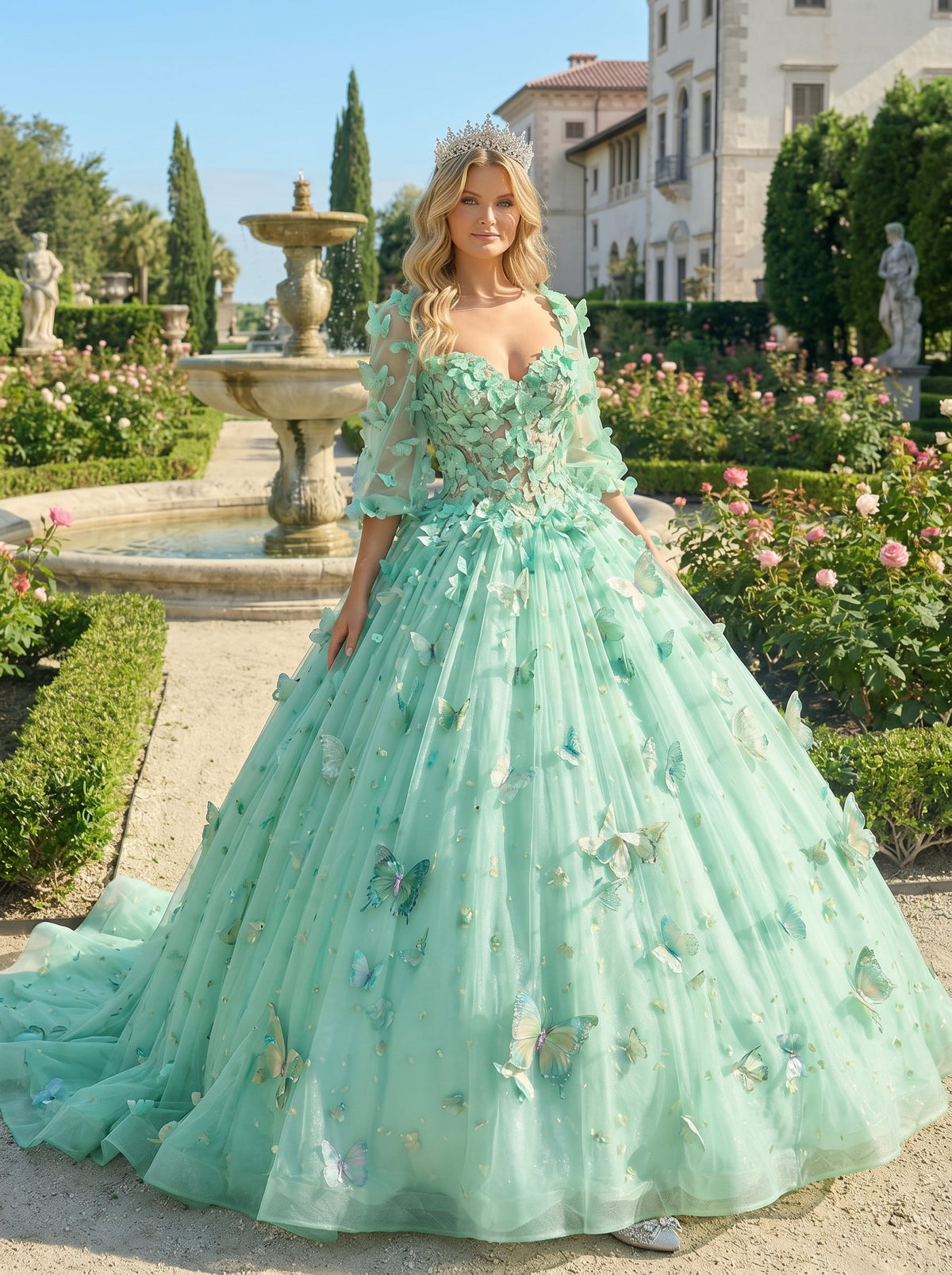 Beatriz Charming Ball Gown Illusion Long Sleeves Quinceañera Dress With 3D Butterfly