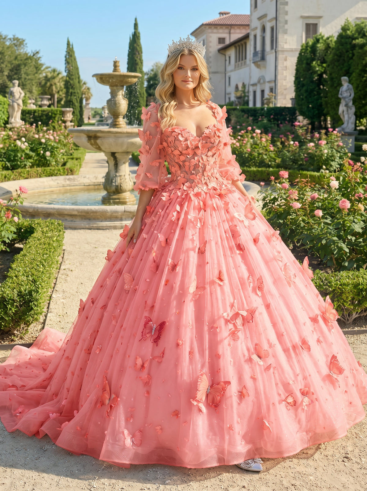 Beatriz Charming Ball Gown Illusion Long Sleeves Quinceañera Dress With 3D Butterfly