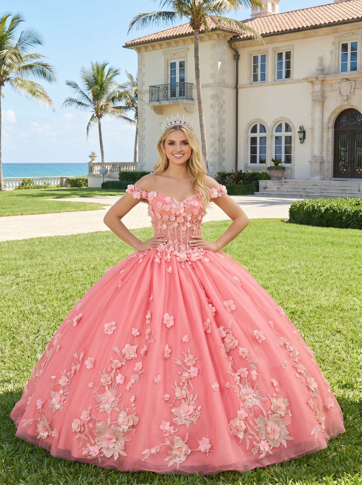 Diamantina Charming Ball Gown Illusion Neck Quinceañera Dress With 3D Floral & Lace