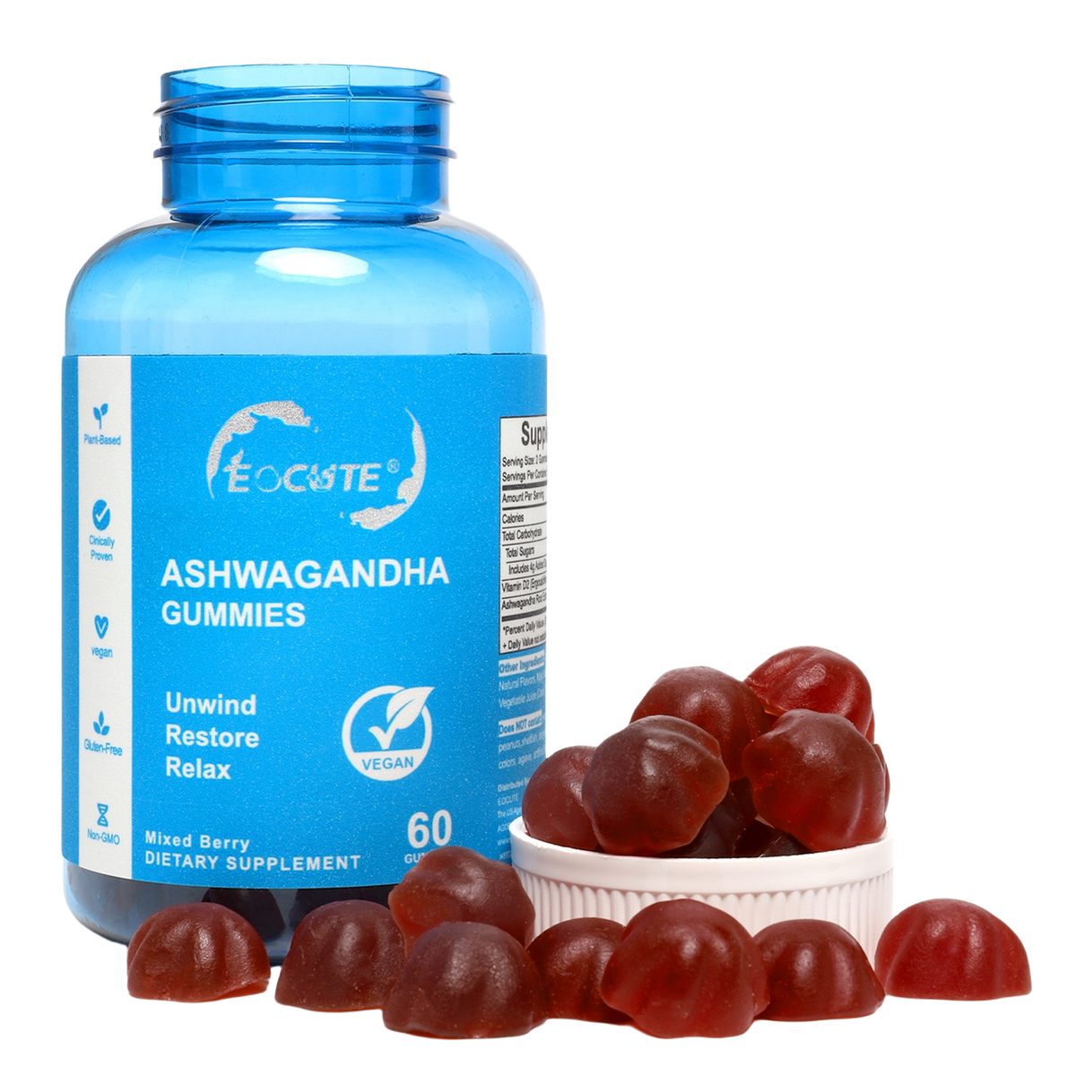 EOCUTE Ashwagandha   Vitamin D Gummies Gummy-Mixed Berry,KSM-66, Vegan, PlantBased,Non-GMO, Gluten-Free   Gelatin Free. for women and man,Vitamins Supplements