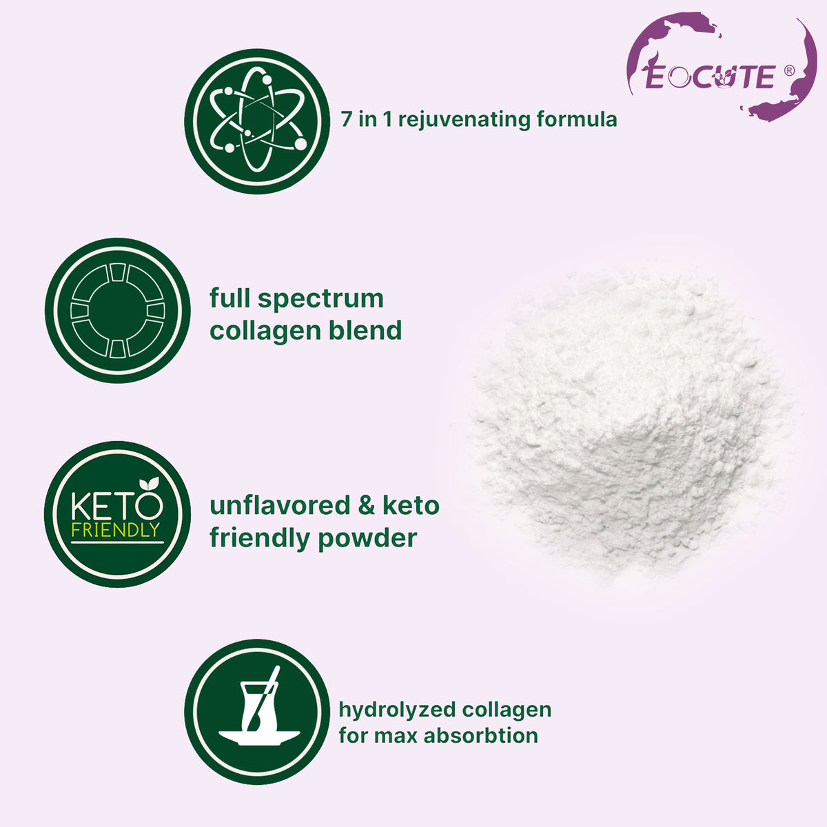 EOCUTE Multi Collagen Peptides Powder Pasture-Raised-Hydrolyzed Protein Peptides (Type l,l,lll,V,X)with HyaluronicAcid, Biotin   Vitamin C,1LB