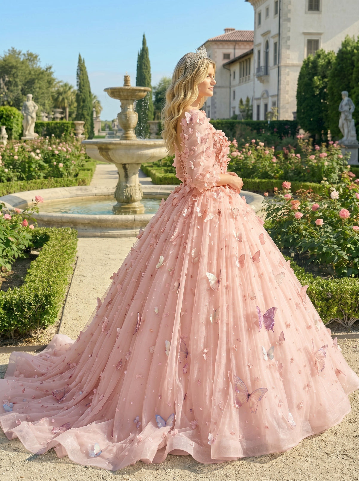 Beatriz Charming Ball Gown Illusion Long Sleeves Quinceañera Dress With 3D Butterfly