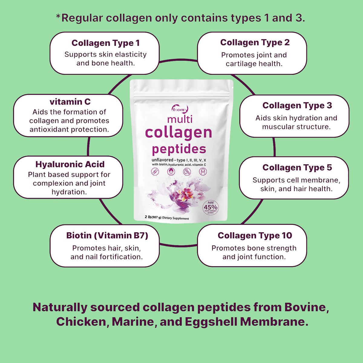 EOCUTE Multi Collagen Peptides Powder Pasture-Raised-Hydrolyzed Protein Peptides (Type l,l,lll,V,X)with HyaluronicAcid, Biotin   Vitamin C,Healthcare Edible Supplement Dietary Fitness Beauty Colagen Nail Hair 2LB