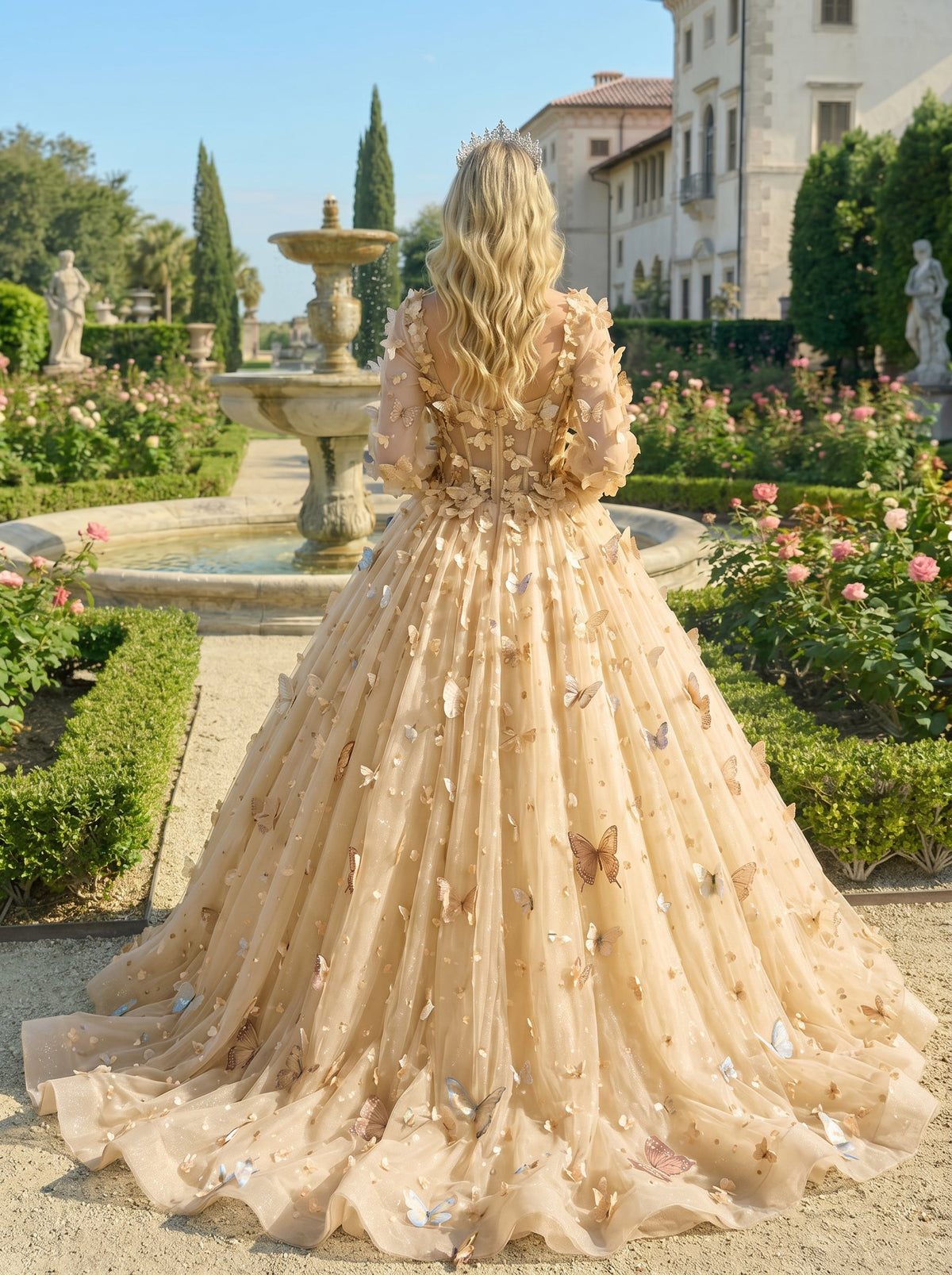 Beatriz Charming Ball Gown Illusion Long Sleeves Quinceañera Dress With 3D Butterfly