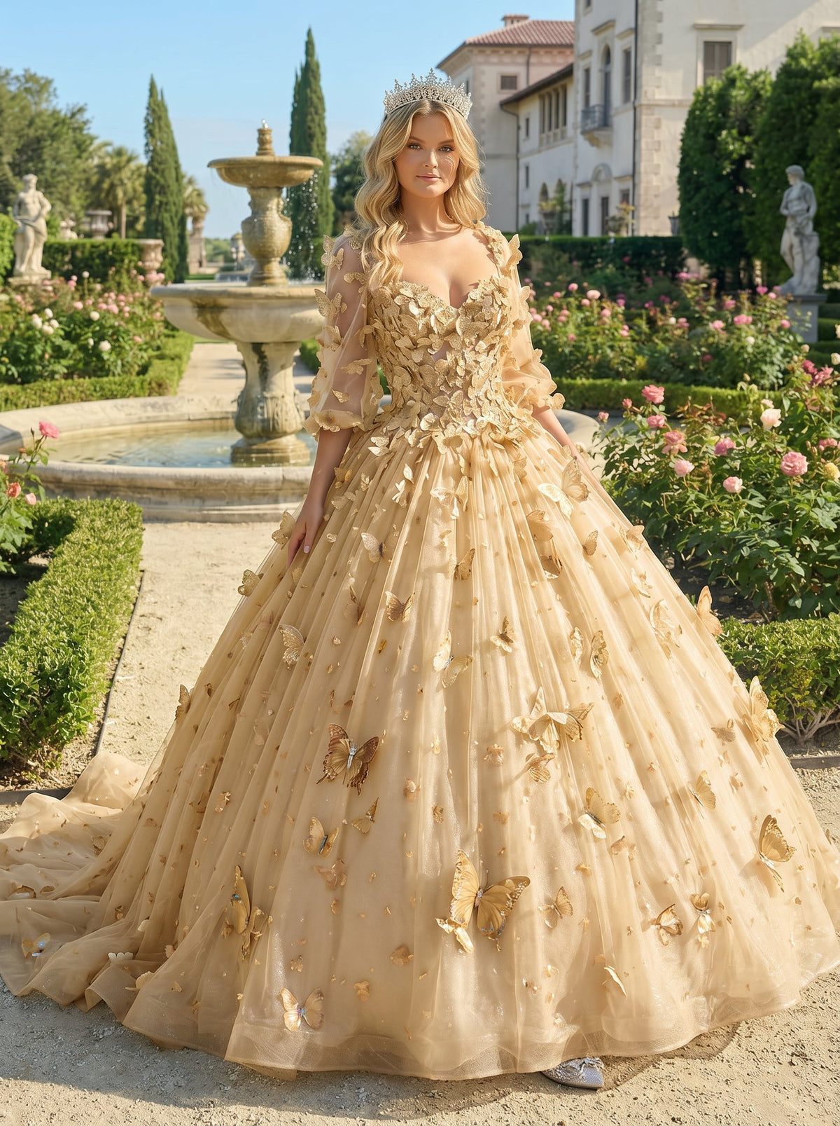 Beatriz Charming Ball Gown Illusion Long Sleeves Quinceañera Dress With 3D Butterfly