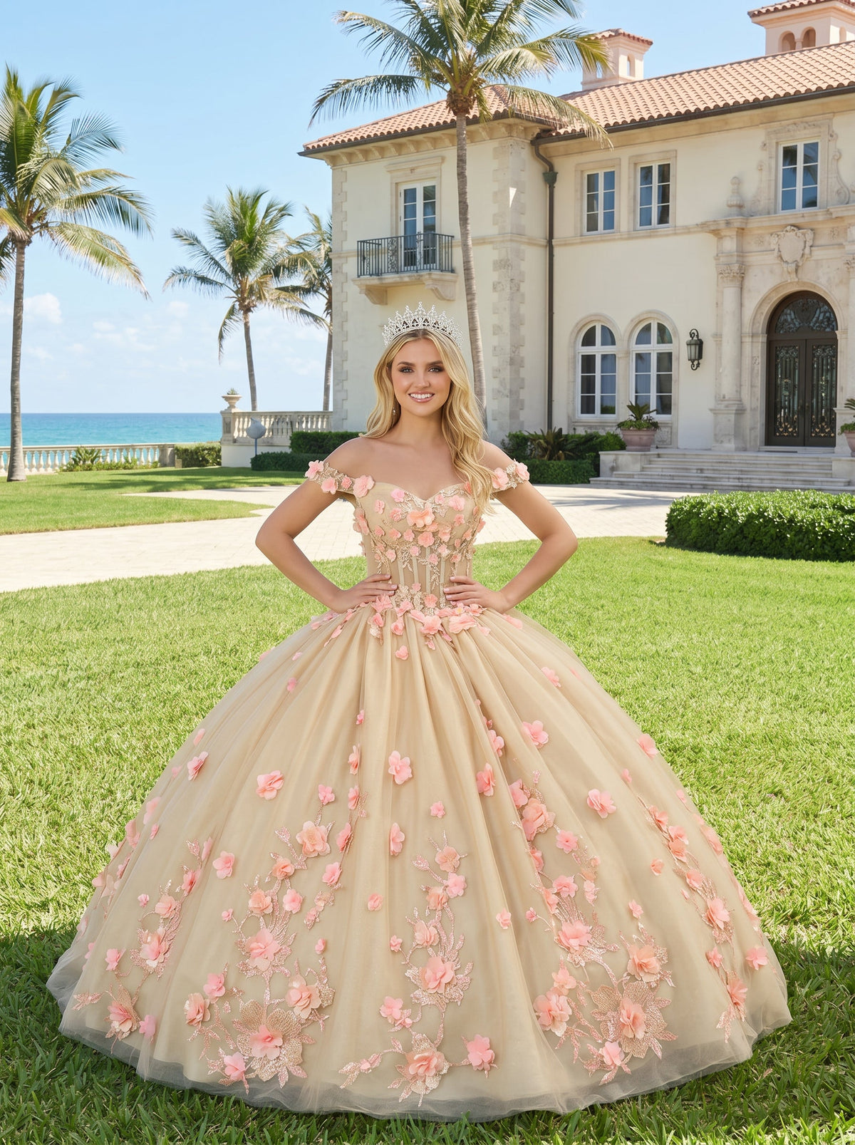 Diamantina Charming Ball Gown Illusion Neck Quinceañera Dress With 3D Floral & Lace