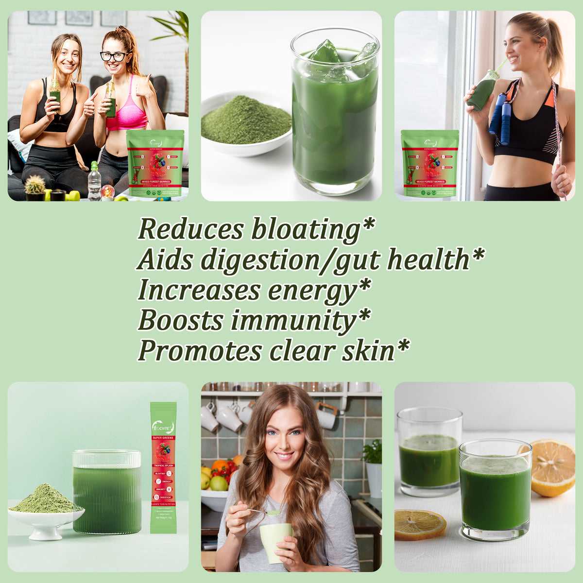 EOCUTE Super Greens Powder to Reduce Bloat, Digenstive Health for Women, Bloating Relief, Gut Health,Skin Care,Support Gut Health, Boost Immunity, Healthy Digestion for Women – Antioxidant Support – Chlorella -30 packets