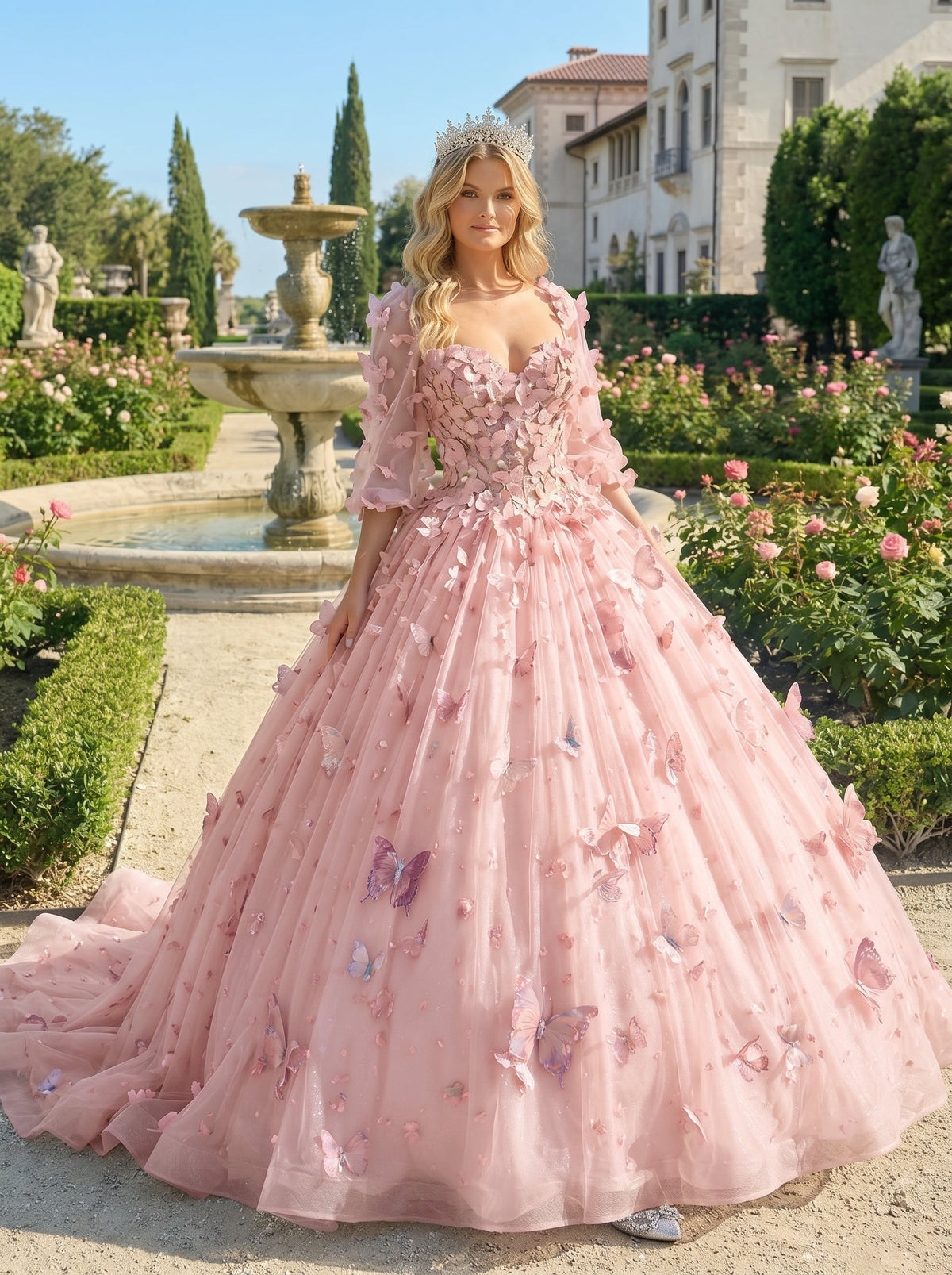 Beatriz Charming Ball Gown Illusion Long Sleeves Quinceañera Dress With 3D Butterfly