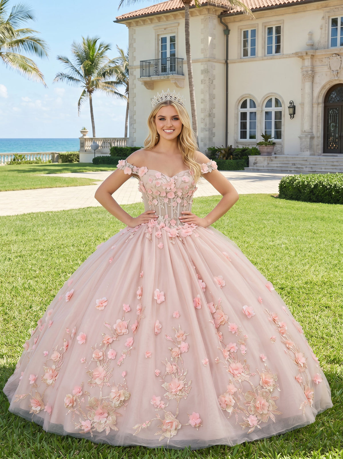 Diamantina Charming Ball Gown Illusion Neck Quinceañera Dress With 3D Floral & Lace