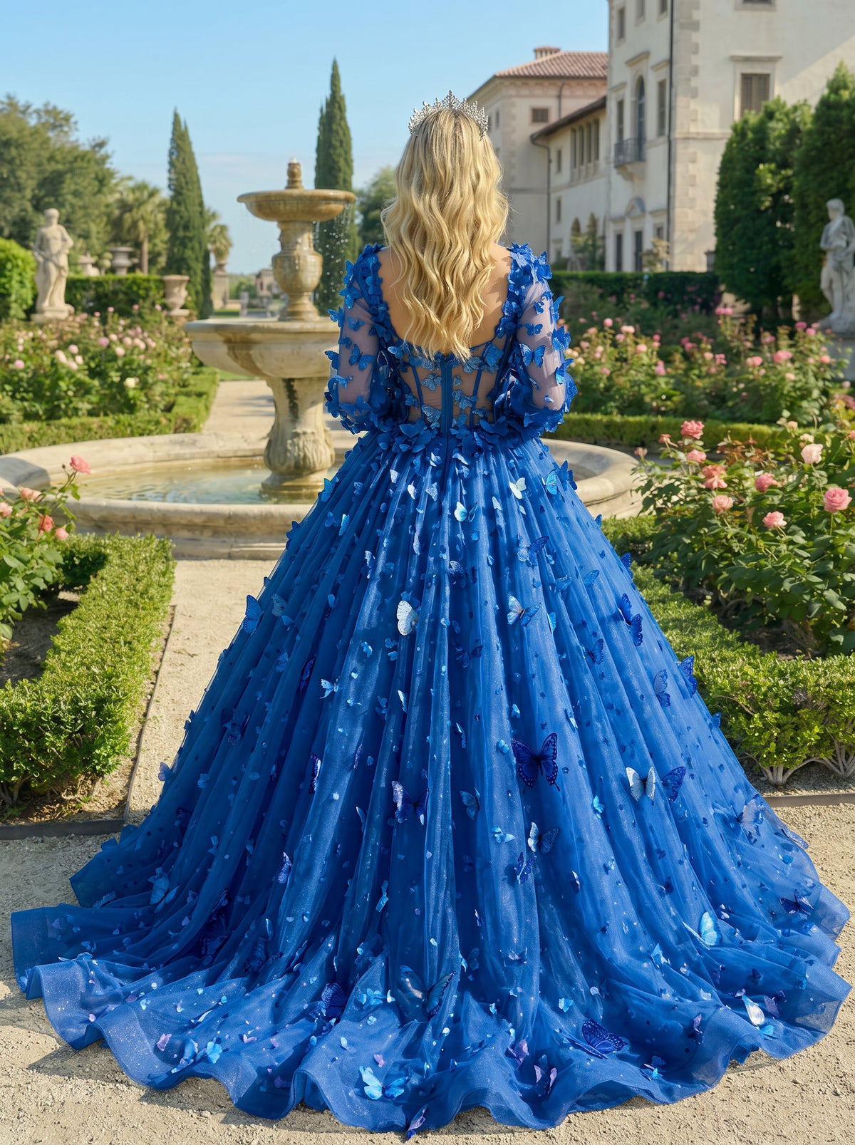 Beatriz Charming Ball Gown Illusion Long Sleeves Quinceañera Dress With 3D Butterfly
