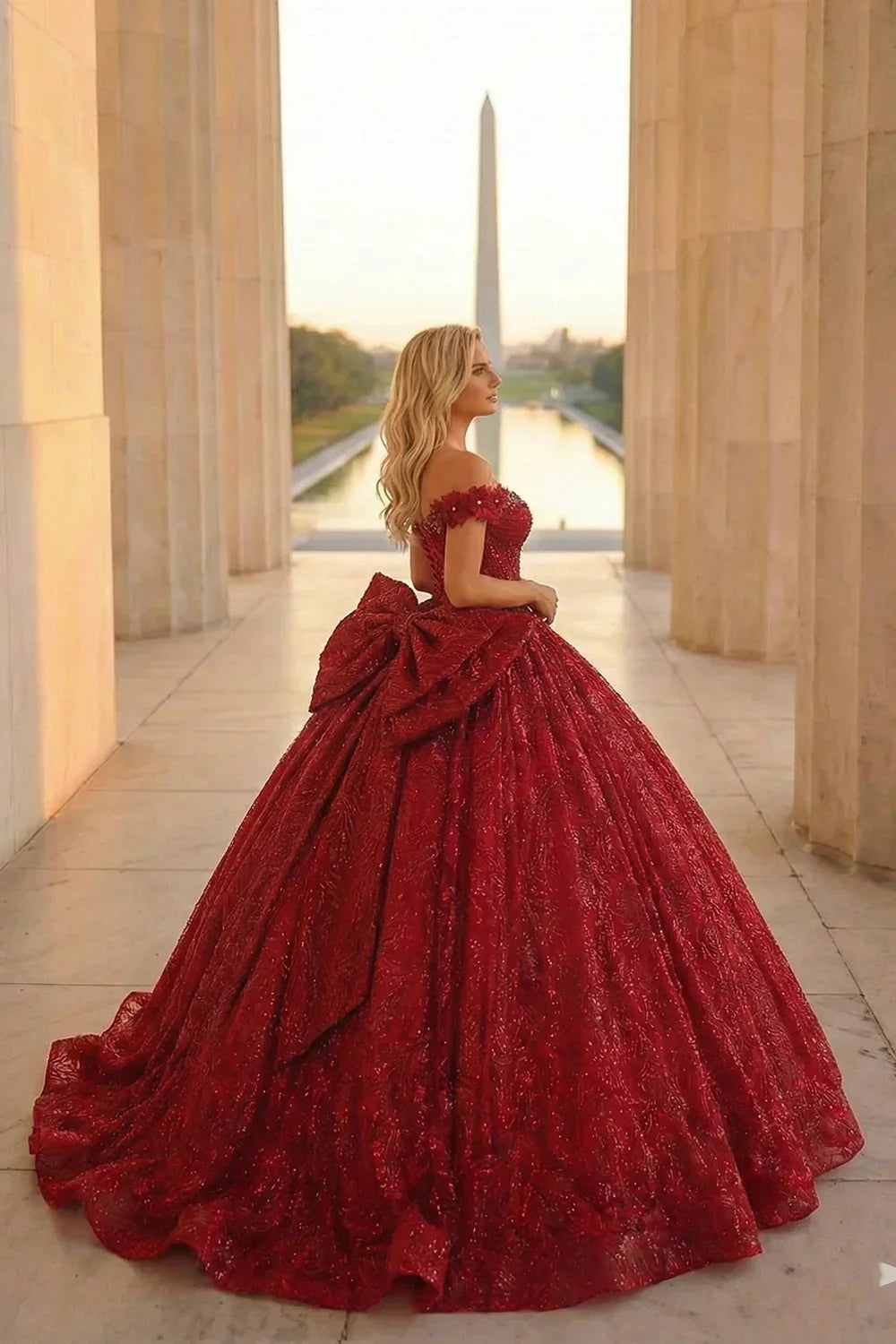 Emilia Charming Ball Gown Cold Shoulder Quinceañera Dress With Gold Accents and Bow