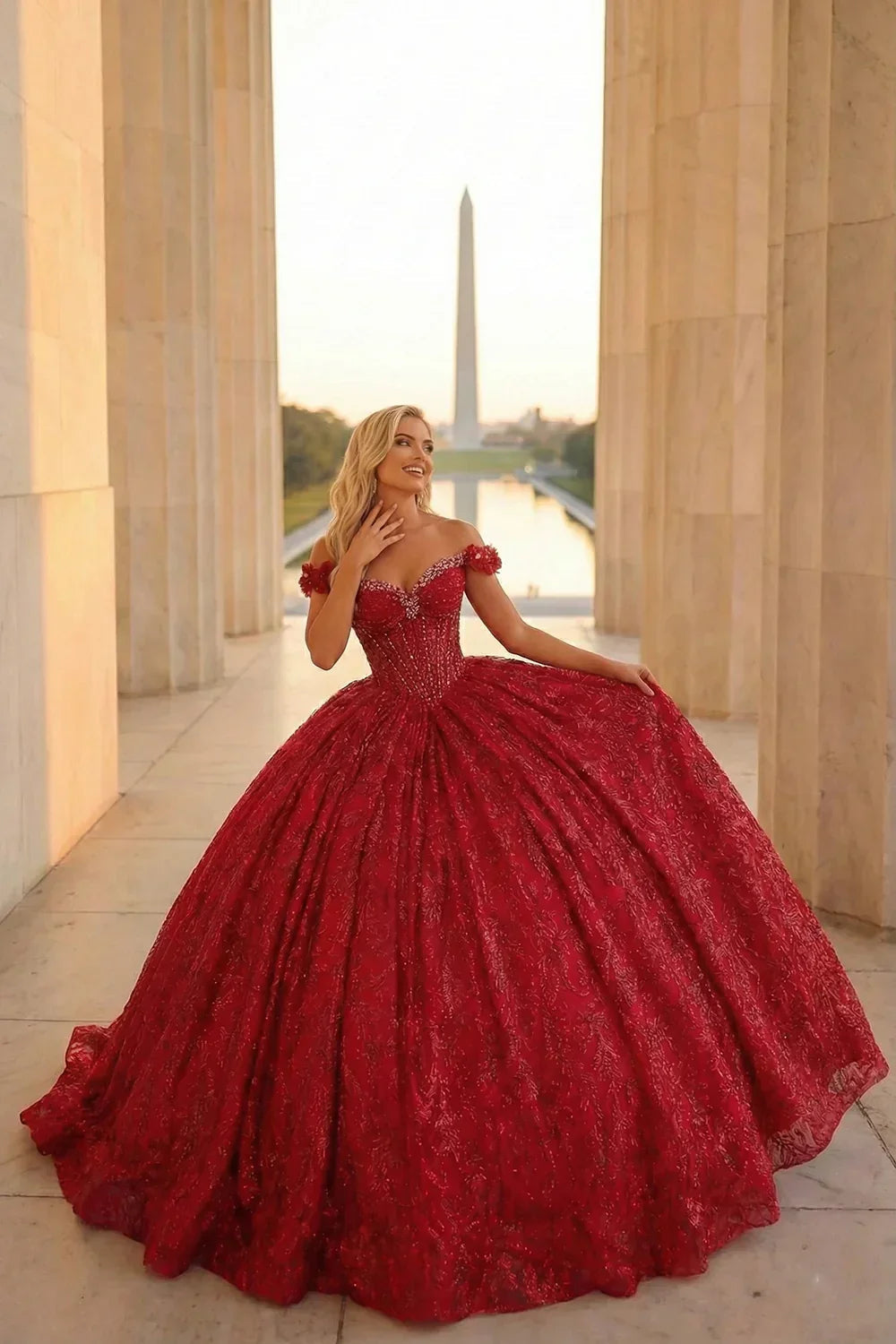 Emilia Charming Ball Gown Cold Shoulder Quinceañera Dress With Gold Accents and Bow