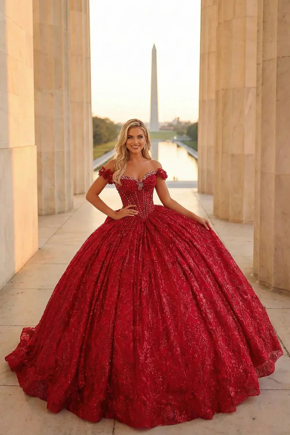 Emilia Charming Ball Gown Cold Shoulder Quinceañera Dress With Gold Accents and Bow