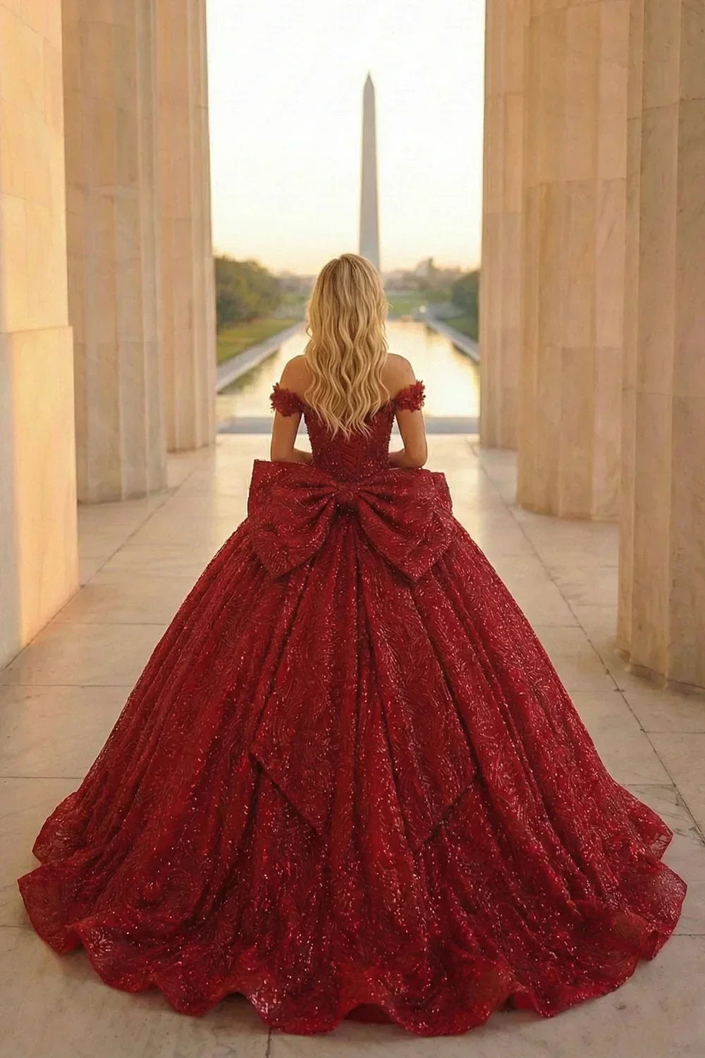 Emilia Charming Ball Gown Cold Shoulder Quinceañera Dress With Gold Accents and Bow