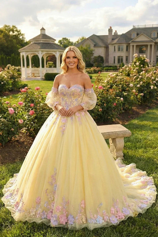Belinda Charming Ball Gown Cold Shoulder With Sheer Long Sleeve Quinceañera Dress With Floral Lace