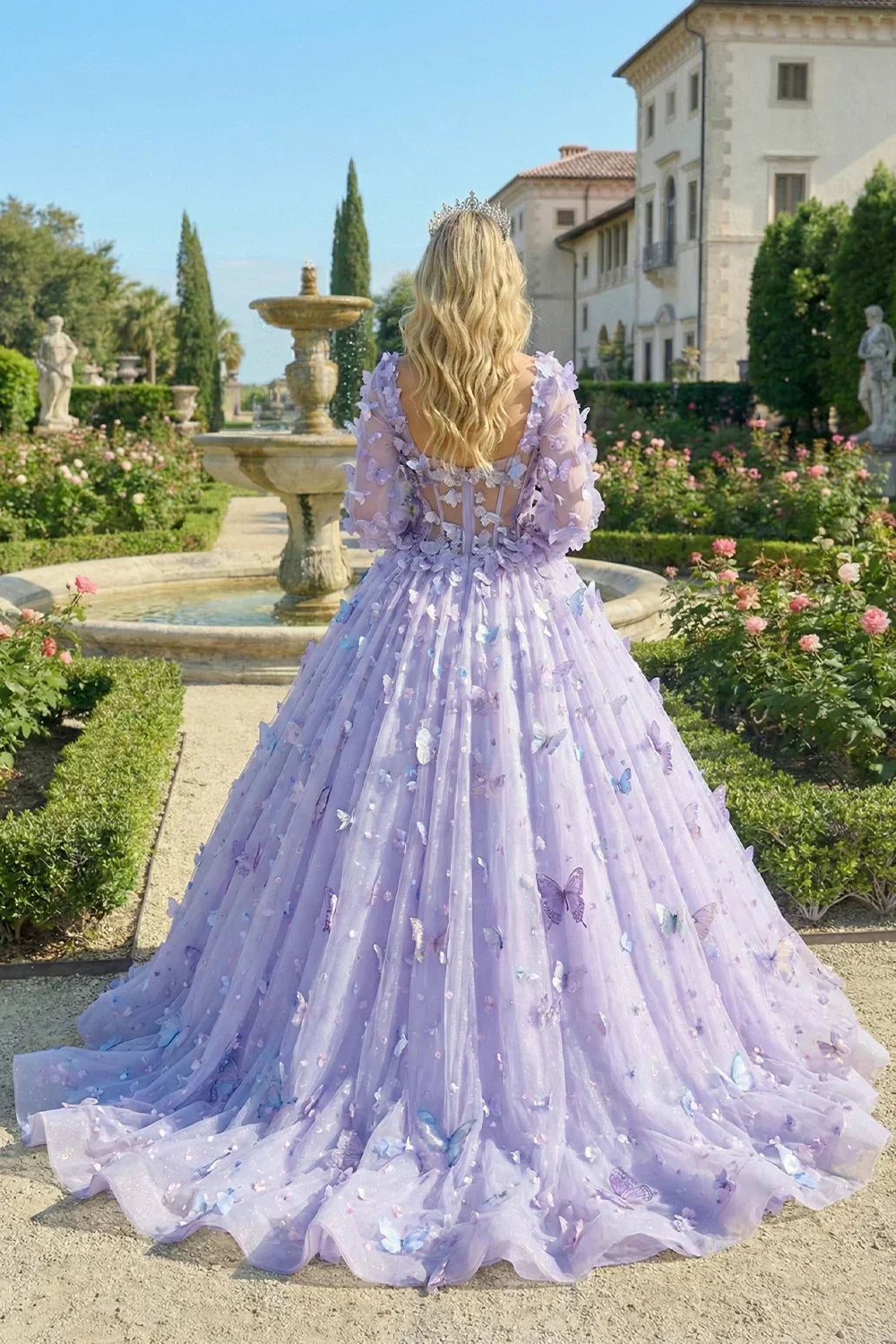 Beatriz Charming Ball Gown Illusion Long Sleeves Quinceañera Dress With 3D Butterfly