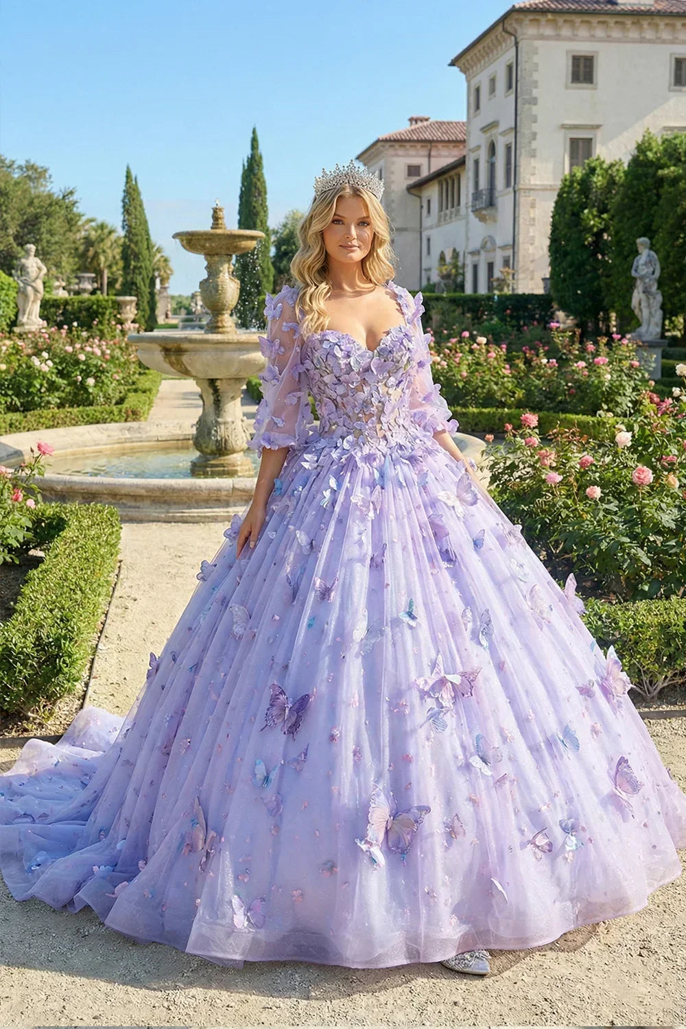 Beatriz Charming Ball Gown Illusion Long Sleeves Quinceañera Dress With 3D Butterfly