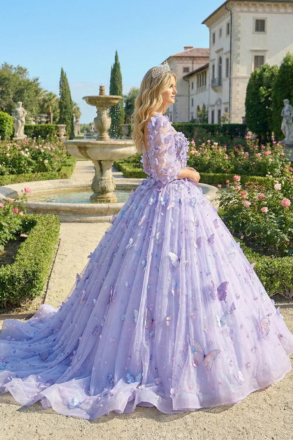 Beatriz Charming Ball Gown Illusion Long Sleeves Quinceañera Dress With 3D Butterfly