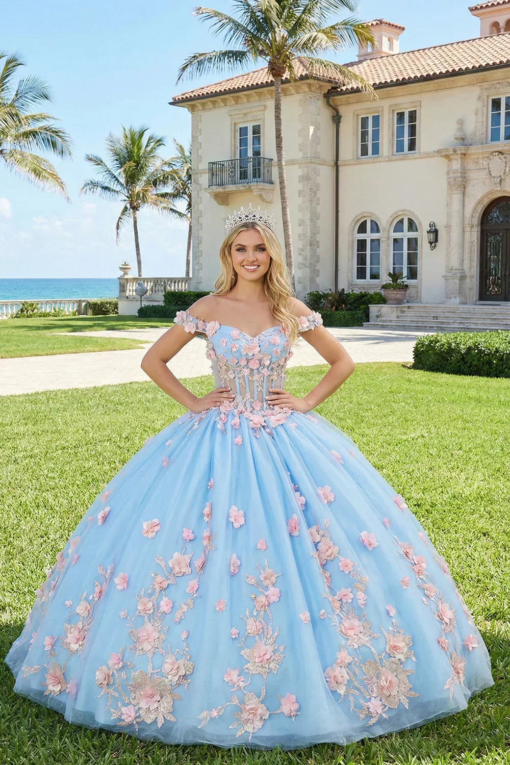 Diamantina Charming Ball Gown Illusion Neck Quinceañera Dress With 3D Floral & Lace